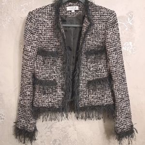 EMANUAL UNGARO PINK/BLACK TWEED EYELASH FRINGE TRIMMED OPEN FRONT FITTED BLAZER